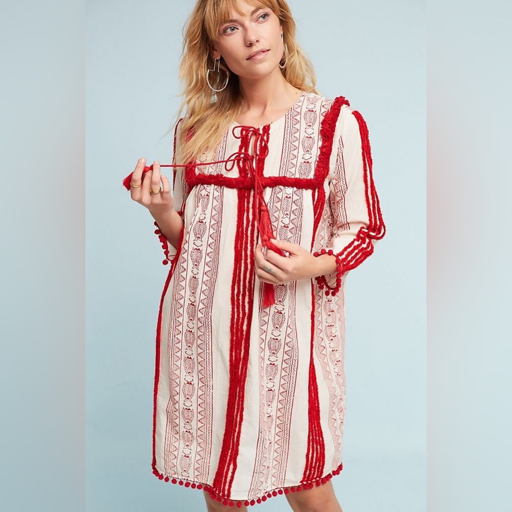 Anthropologie Joselle Dress x Chantik Cotton Pom Pom Fosh Printed Boho Mini M